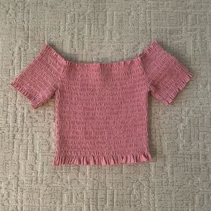 Muted pink/rose ribbed off the shoulder top
